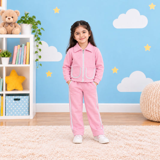 Girls Zip-Up Tracksuit Set – Pink & White