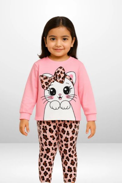 White cat Printed pink kid full sleeve set