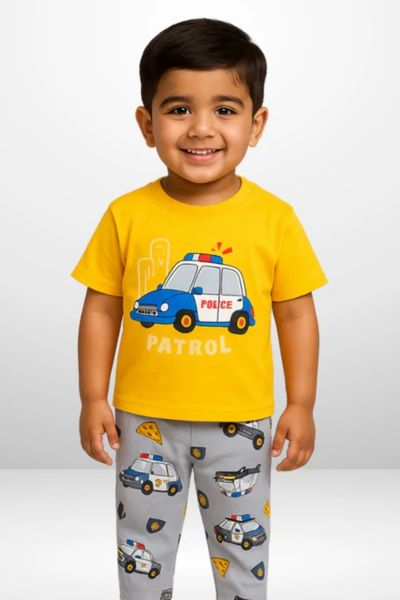 Yellow Car Printed Half Sleeves Baby And Baba