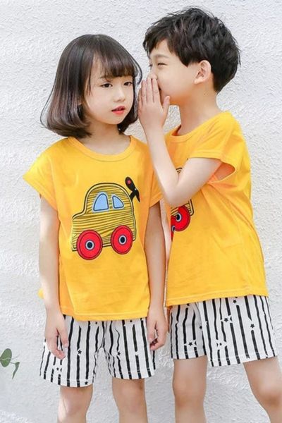 Yellow Car Printed Kids Short Sleeve Kids Wear
