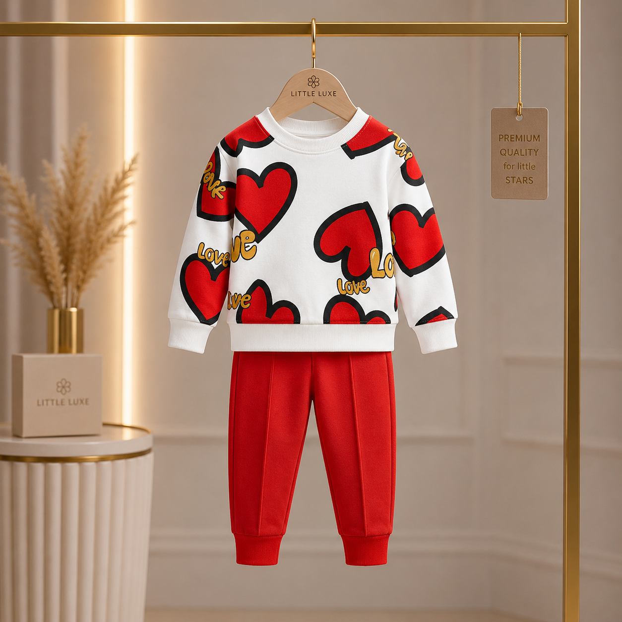 Girls Cozy Heart Design Red And White Winter Co-Ord Set