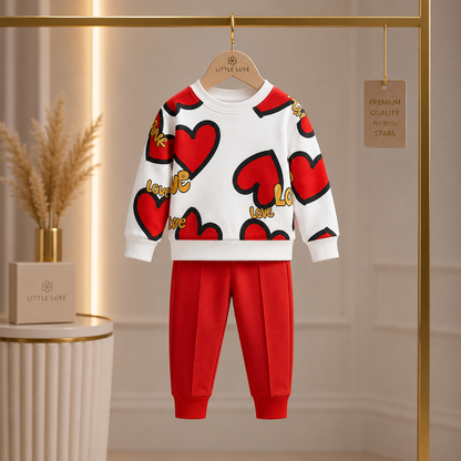 Girls Cozy Heart Design Red And White Winter Co-Ord Set