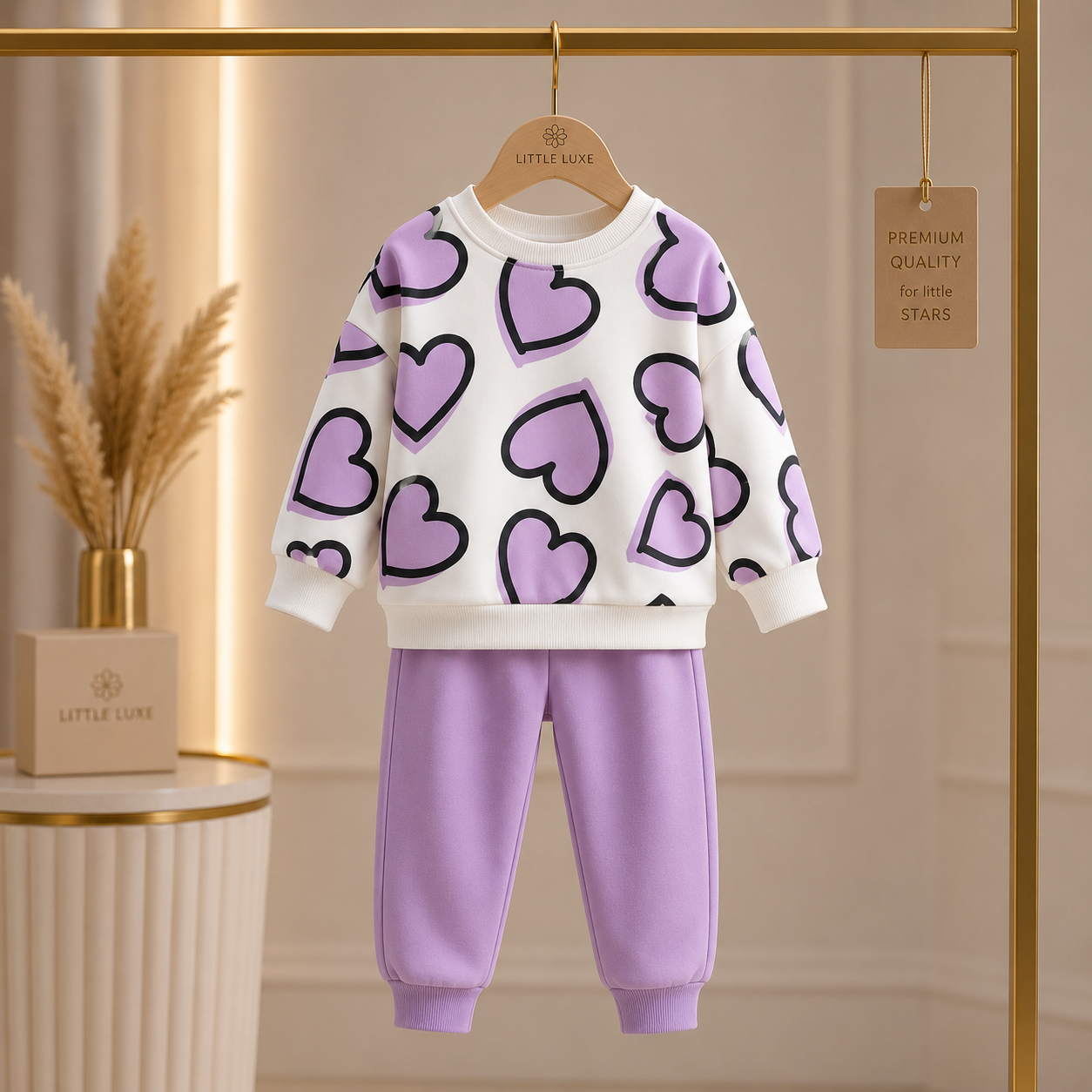 Girls Cozy Heart Design Purple And White Winter Co-Ord Set