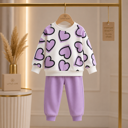 Girls Cozy Heart Design Purple And White Winter Co-Ord Set