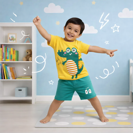 Yellow Hi Dino Printed Kids Short Sleeve Kids Wear