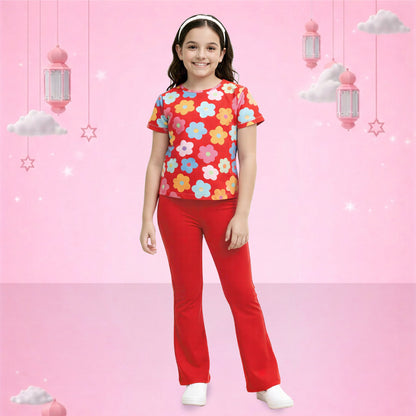 Red Bloom Girls Co-Ord Set
