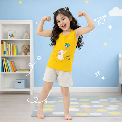 Yellow Elephant Printed Sleeveless Kids Wear