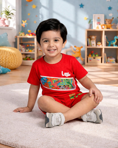 Kids Red Dino Print Summer Outfit – Soft Cotton T-Shirt & Shorts Set for Boys