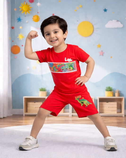 Kids Red Dino Print Summer Outfit – Soft Cotton T-Shirt & Shorts Set for Boys