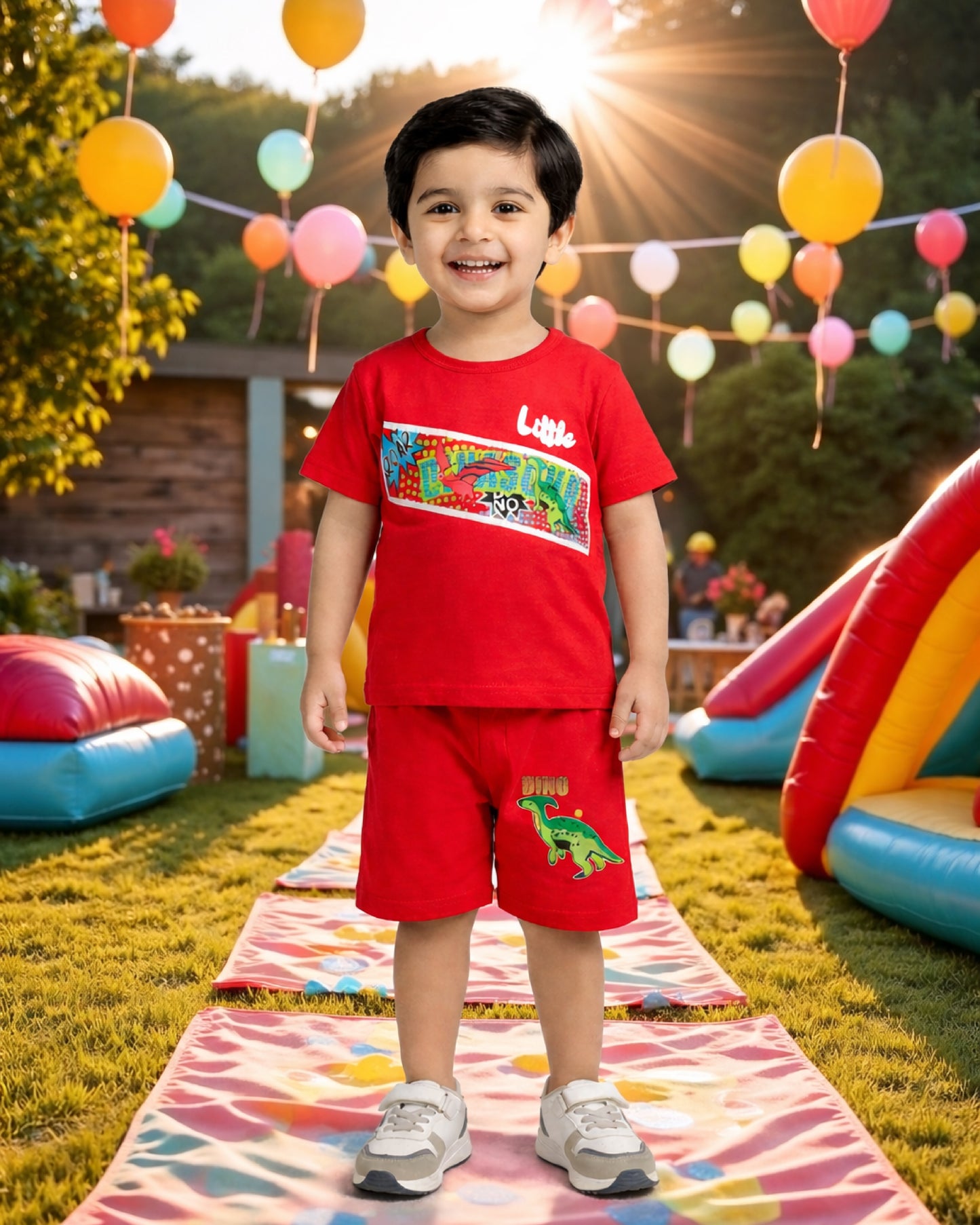 Kids Red Dino Print Summer Outfit – Soft Cotton T-Shirt & Shorts Set for Boys
