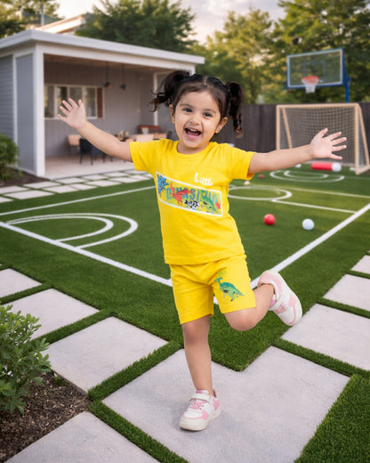 Kids Yellow Dino Print Summer Outfit – Soft Cotton T-Shirt & Shorts Set for Toddlers