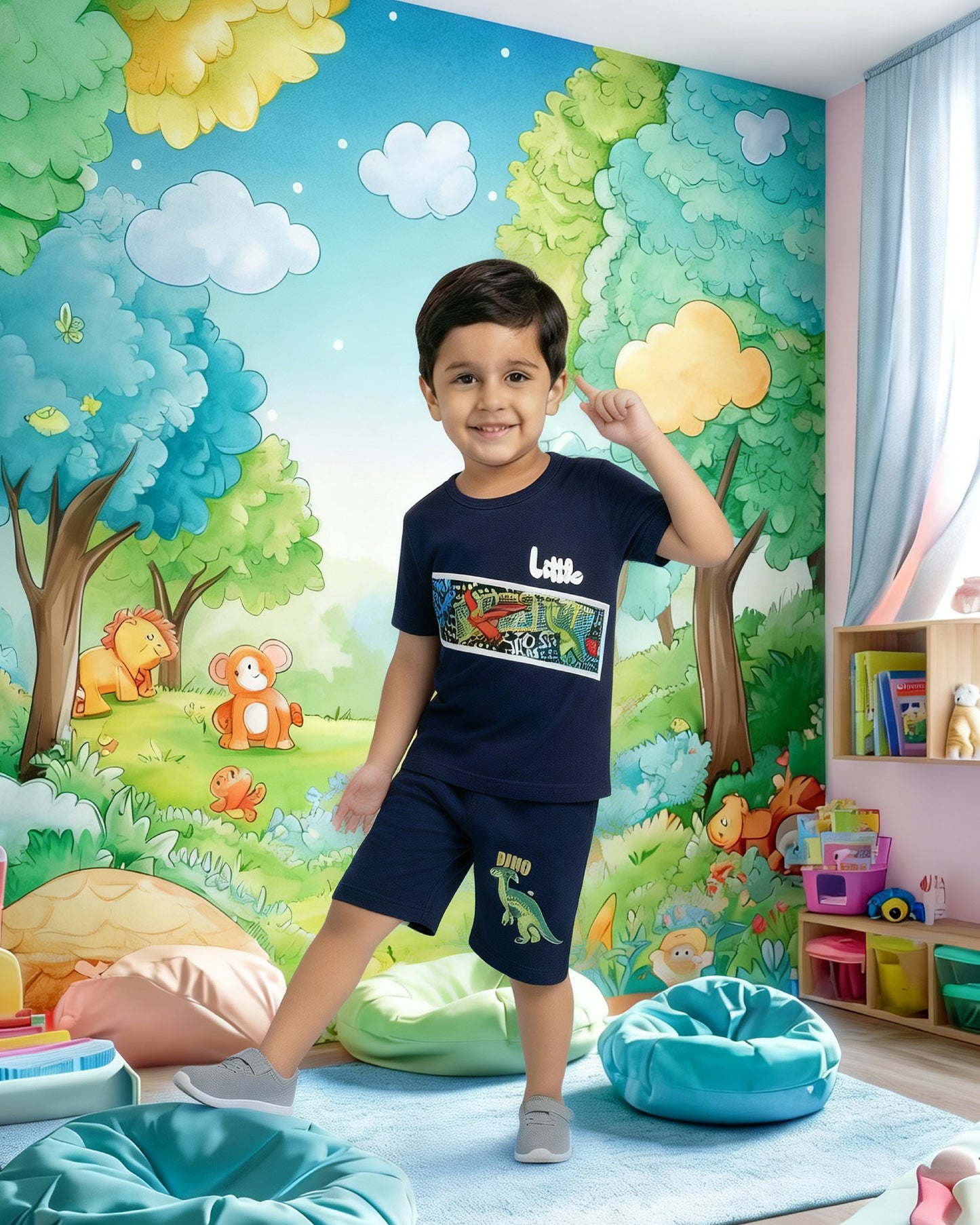 Kids Navy Blue Dino Print Summer Outfit – Soft Cotton T-Shirt & Shorts Set for Boys