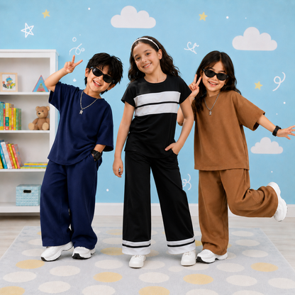 Kids Urban Fashion Co-Ord Collection Unisex Premium Oversized Streetwear Sets & Striped Wide-Leg Tracksuits